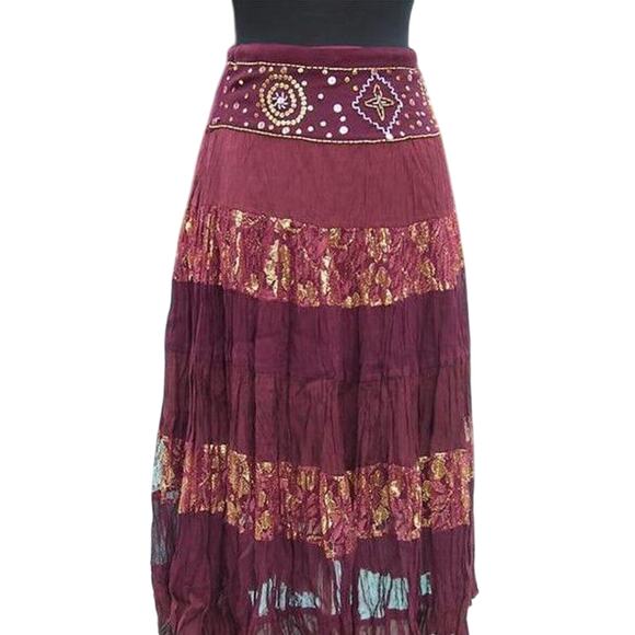 Cache Sequin Metallic Lace Evening Day Skirt Boho Chic New  $128 NWT Burgundy - Picture 2 of 5